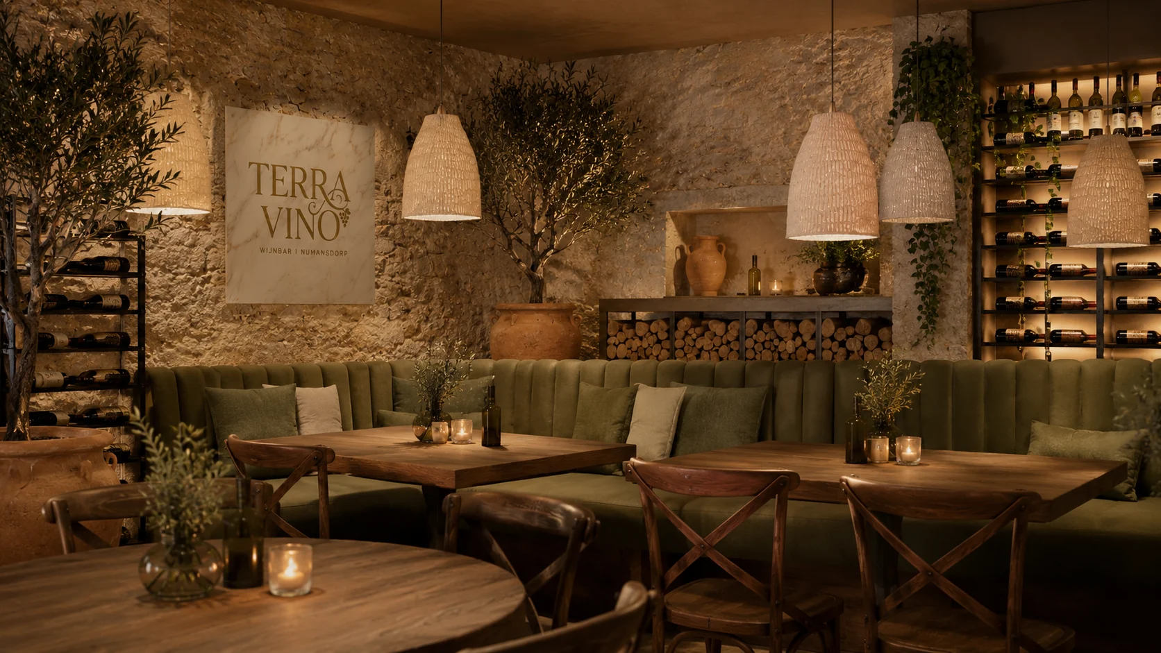 Warme bar met flessen, glaswerk en mediterrane materialen